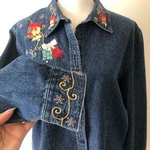 Westbound Denim Christmas Holiday Button Up Embroidered and Bead detail size L